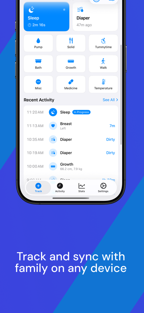 Baby Tracker - Feed & Sleep - Dashboard of the Baby Tracker app on an iPhone showing feeding and sleep logs.