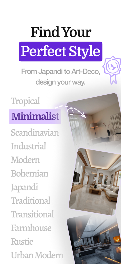 Home Design AI - Remodel Room - Pantalla que muestra varios estilos de diseño de interiores como Minimalista y Japandi con vistas previas de habitaciones generadas por IA.