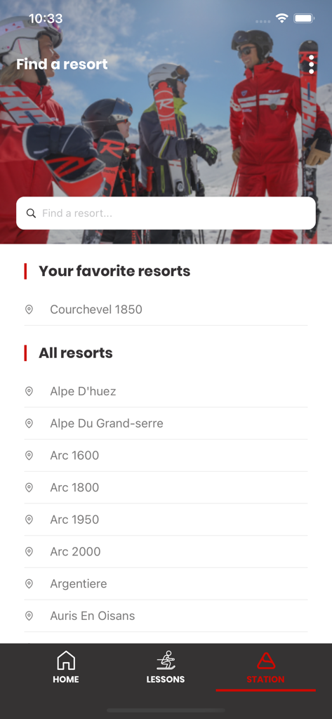 Ski resort search and list in the my esf app