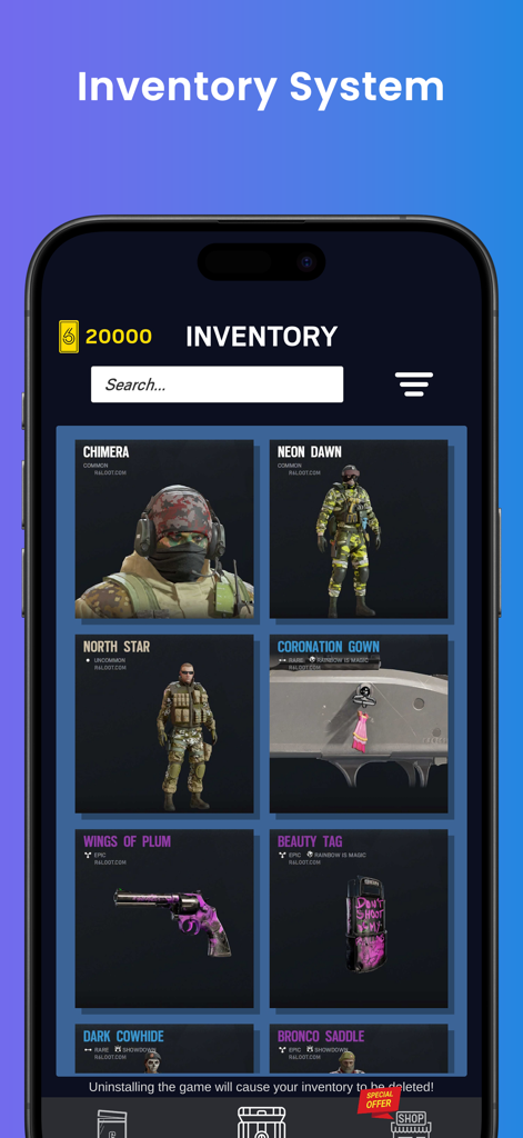 R6 Alpha Pack Opener - A screenshot of the inventory system in the R6 Alpha Pack Opener app showing collected operator skins and weapon charms.