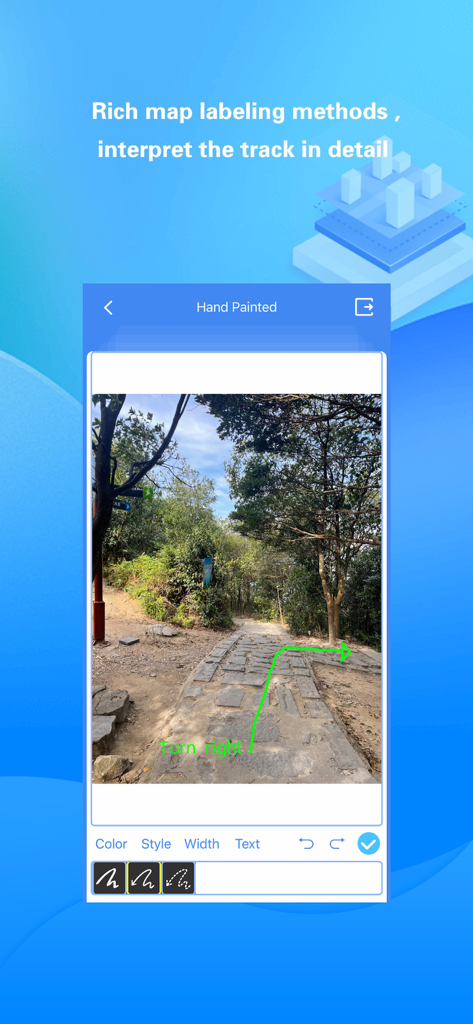 경로 안내를 위한 하이킹 트레일에 대한 Share Tracks 앱 직접 그린 사진 주석.