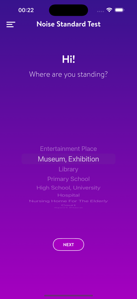 Sound Meter (Noise Detector) - Noise Standard Test location selection screen in the Sound Meter app