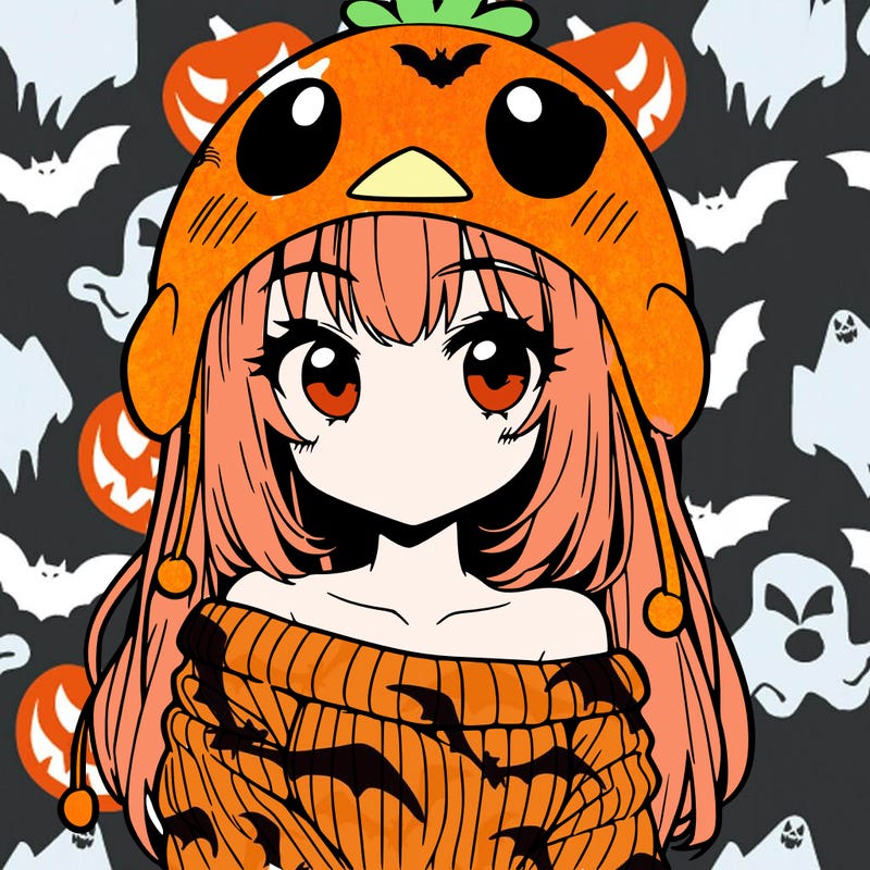 anime girl with chick shaped hat with sweater with bare shoulders with bangs covering them one eye with low tail