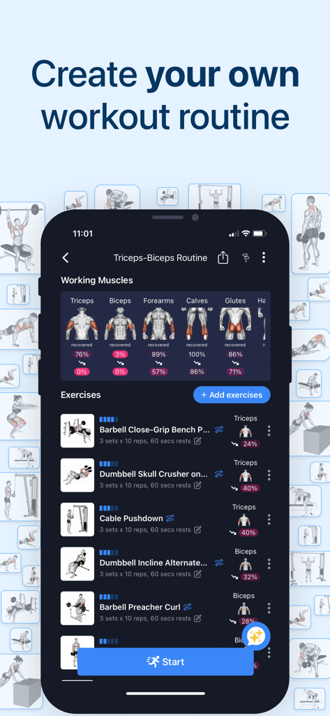 Mobile app screen for creating a custom workout routine with muscle recovery analysis and specific exercises like triceps and biceps drills.