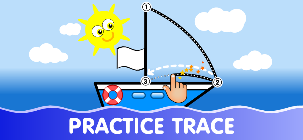 Application d'apprentissage pour tout-petits montrant une activité de traçage d'exercice avec un bateau et un soleil dessinés