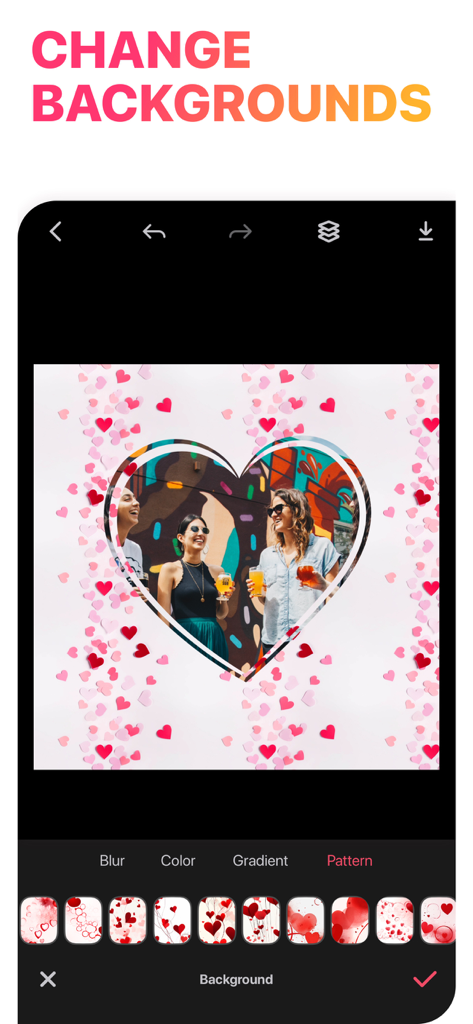 Collage Maker app screen showing a heart shaped photo frame with a pink heart pattern background selection