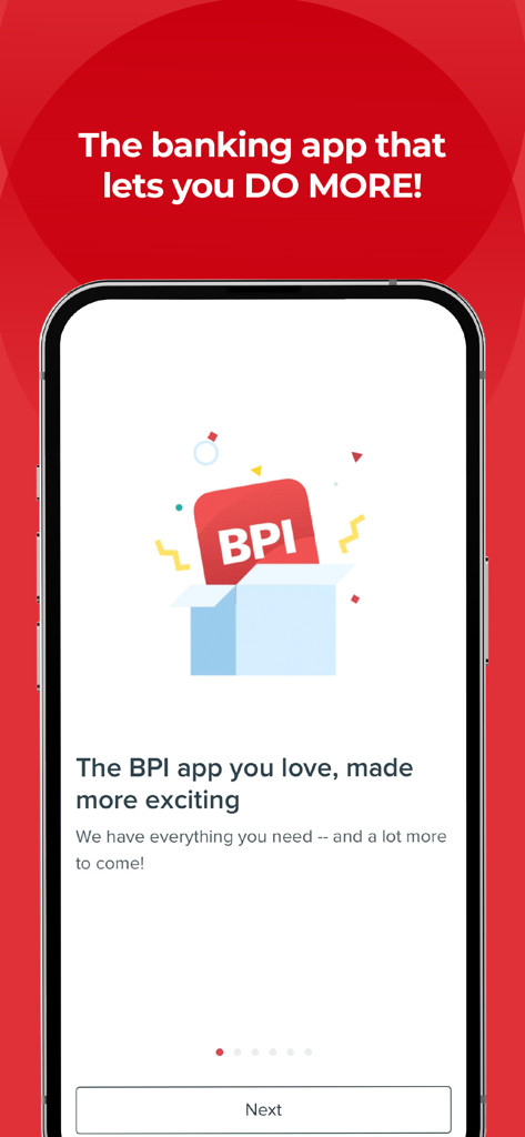BPI mobile app onboarding screen with the logo popping out of a box and a welcome message
