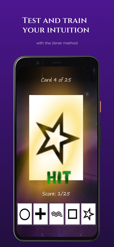 A mobile app interface showing a Zener card test with a star symbol and score tracker