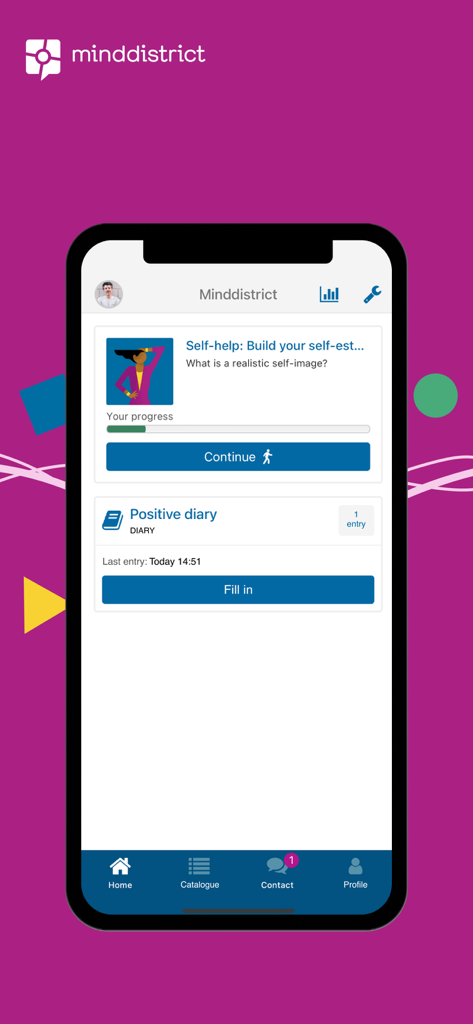 Minddistrict - Startbildschirm der Minddistrict Mobile App mit einem Selbsthilfe-Modul für Selbstwertgefühl und einer positiven Tagebuchfunktion