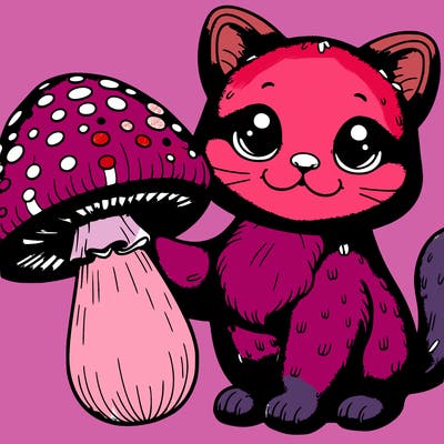 purple realistic cat holding a mushroom