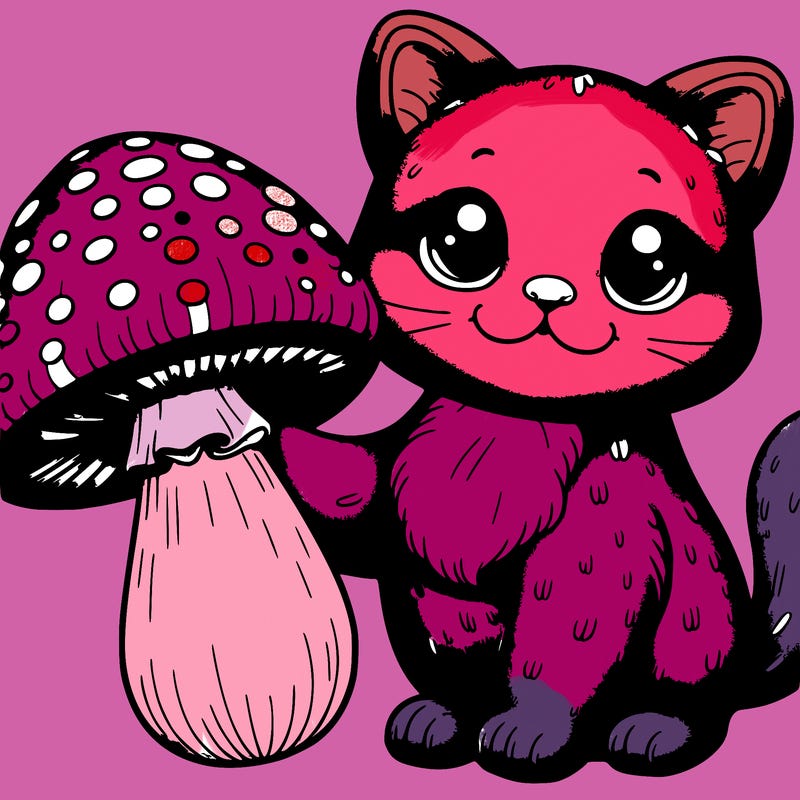purple realistic cat holding a mushroom