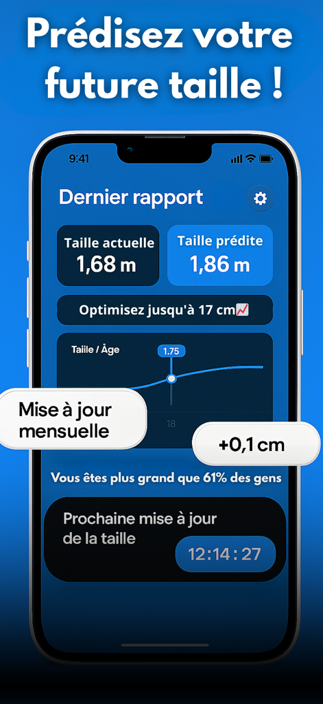 Grandir - Maximise ta taille - Mobile app dashboard showing current height and predicted height goal with a growth chart