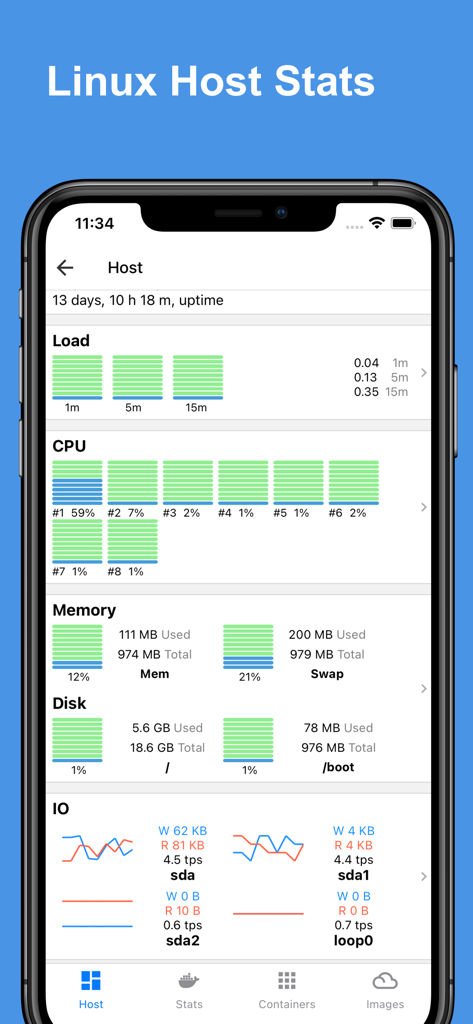 Docker Server Admin - Docker Server Admin app interface showing a dashboard with real-time Linux host stats including CPU memory and disk usage charts