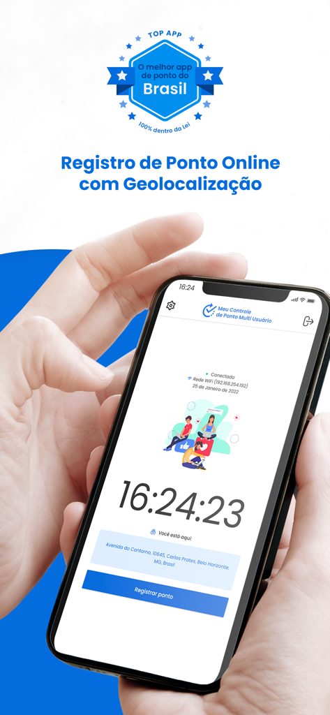 Meu Controle de Ponto Multi - Uma mão segurando um smartphone exibindo a interface do aplicativo Meu Controle de Ponto Multi para rastreamento de tempo digital e geolocalização.