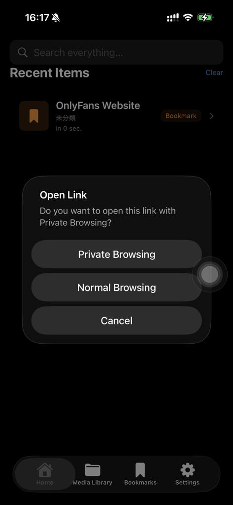 PrivacyVault + No Ads - A prompt in the PrivacyVault app asking a user to choose between Private Browsing or Normal Browsing when opening a bookmarked link.