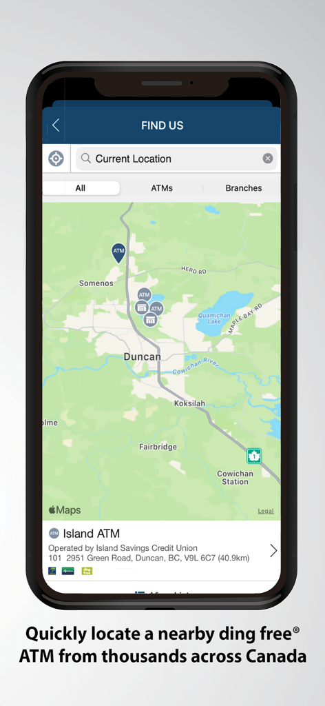 Island Savings Mobile Banking - A map within the Island Savings app displaying ATM and branch locations in Duncan British Columbia.