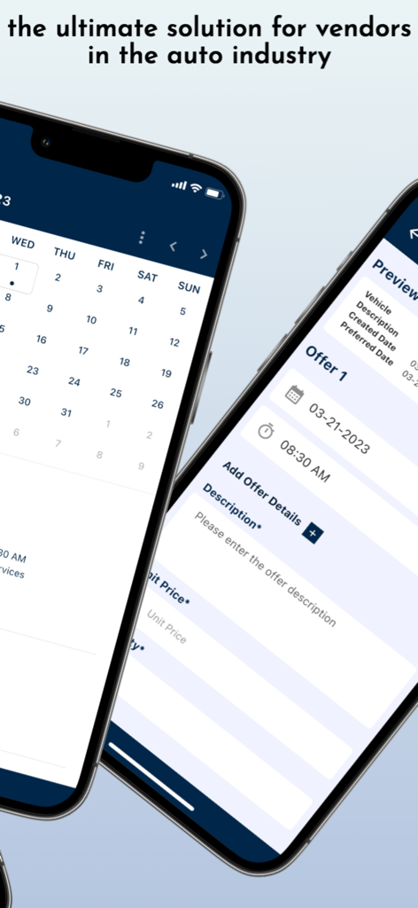 My Car App Vendor - Mobile interface of My Car App Vendor showing calendar scheduling and offer creation screens for auto service professionals.