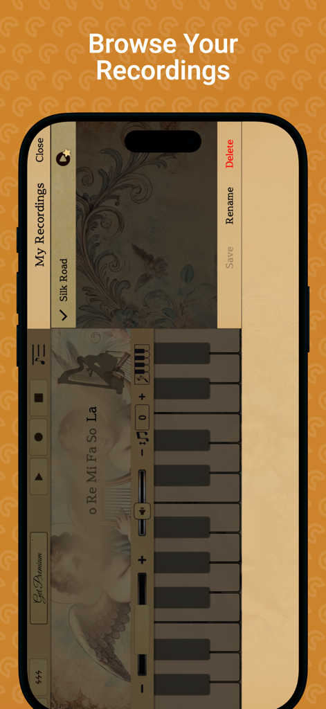 Harp Sim - A screenshot of the Harp Sim app showing the My Recordings screen where users can browse, rename, and delete their saved harp performances.