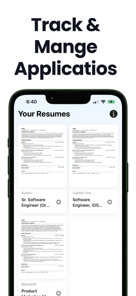Pantalla de la aplicación móvil mostrando una lista de currículums adaptados para diferentes solicitudes de empleo