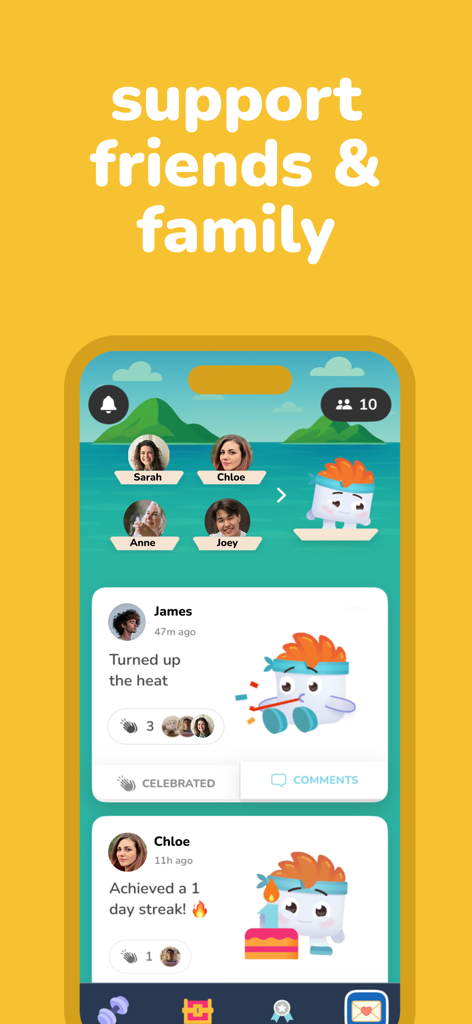 A social feed interface from the Luvu app showing friend workout milestones and supportive community interactions with a cute marshmallow character.