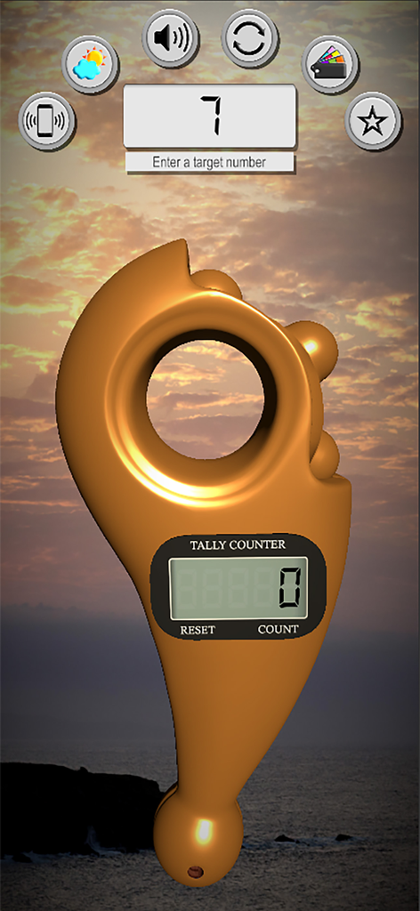 Realistic 3D digital tasbeeh counter app interface with a sunset landscape background