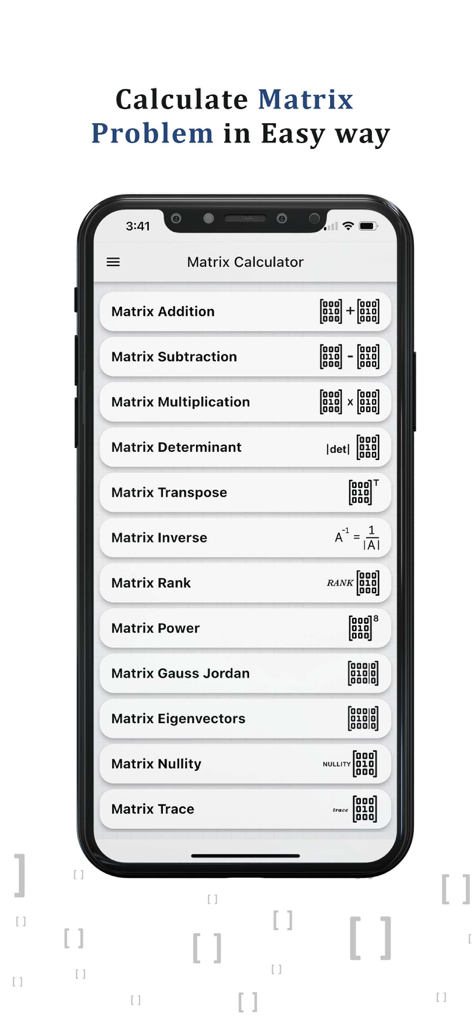 Matrix Calculator Solver - A smartphone displaying the main menu of the Matrix Calculator Solver app with a list of mathematical operations like addition, subtraction, and multiplication.