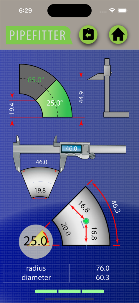 Pipefitter app showing technical drawings for pipe offsets and angles