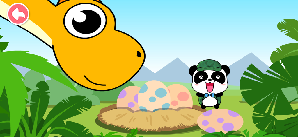 Dinosaur World - Dinosaurs - Kiki the Panda and a large yellow dinosaur looking at a nest of colorful eggs