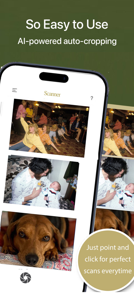 Pic Scanner Gold: Scan photos - Pic Scanner Gold app showing AI powered auto cropping of scanned photos on an iPhone.