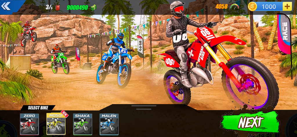 Menú de selección de motos de cross en un juego simulador de carreras de motocross 3D que muestra múltiples motos y pilotos en una pista.