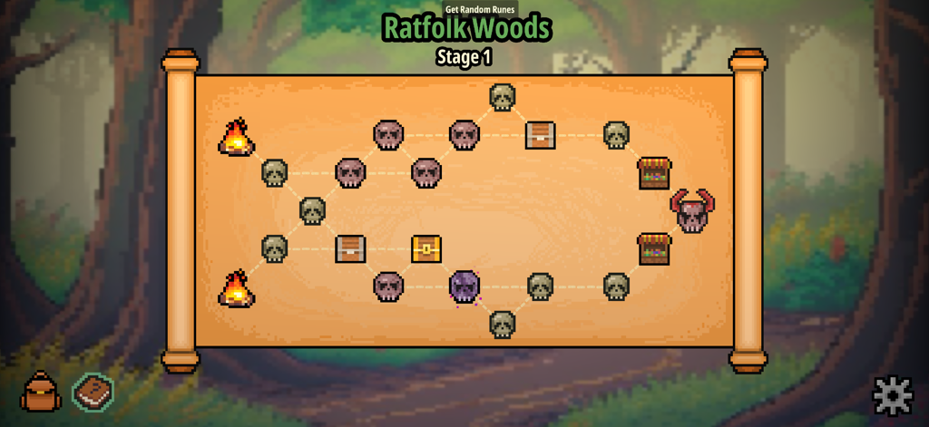 Spin Hero - Un mapa de nivel ramificado en pixel art para la Etapa 1 del Bosque de Ratas en Spin Hero