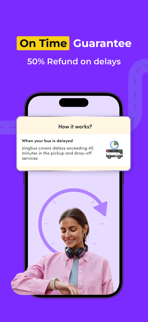 zingbus:Book Bus Ticket Online - Schermata dell'app Zingbus che spiega la garanzia di rimborso del 50% per ritardi degli autobus superiori a 45 minuti
