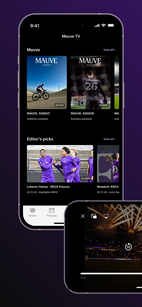 RSCA Official app showing Mauve TV video series and match highlights
