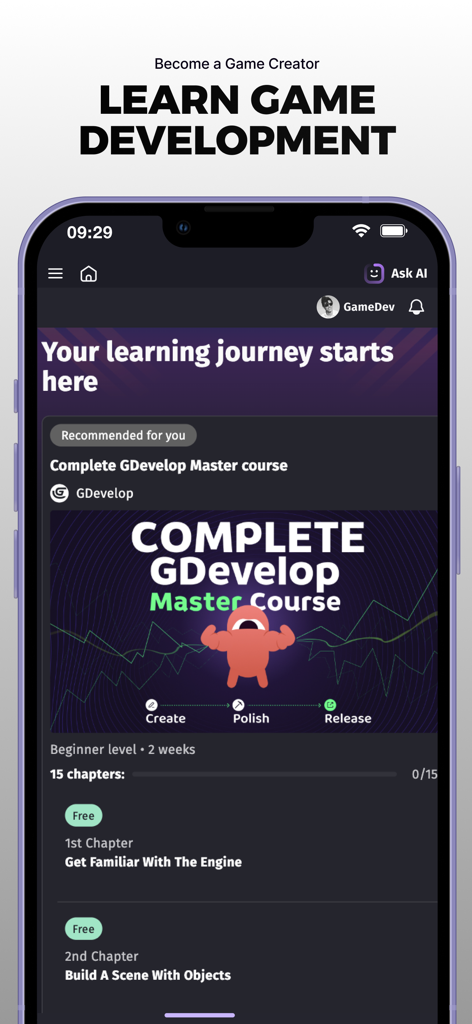 A screen from the GDevelop app showing a game development master course with chapters for beginners