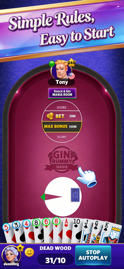 Gin Rummy Mania-No Ads,No Stop - Gameplay screenshot of Gin Rummy Mania showing the card table interface with simple rules and easy to start text
