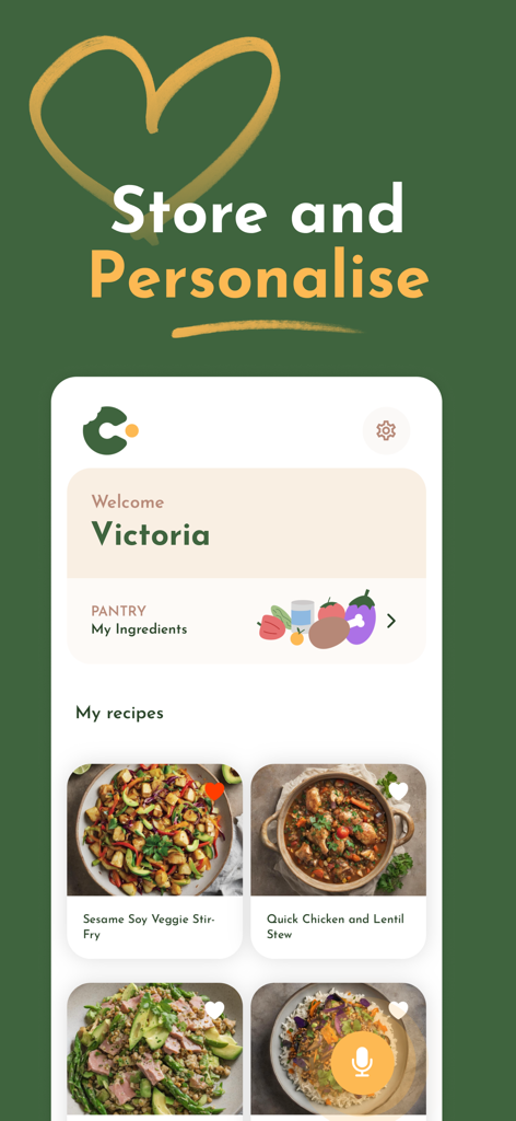 Recipe Maker & Saver - Crumb - Tableau de bord de l'application mobile Crumb montrant des suggestions de recettes personnalisées et la gestion du garde-manger pour une cuisine à domicile efficace.