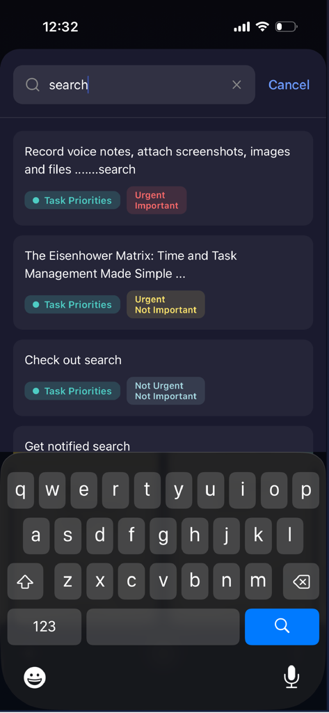 Quadrix - Quadrix app search interface displaying prioritized tasks with urgency and importance labels