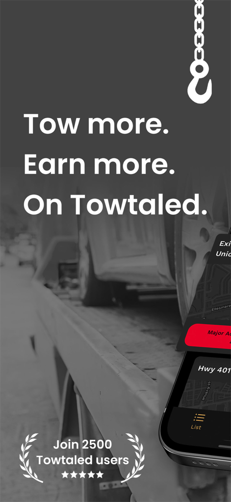 Towtaled - Incident Tracking - Promotional banner for the Towtaled app featuring a tow truck and the slogan tow more earn more