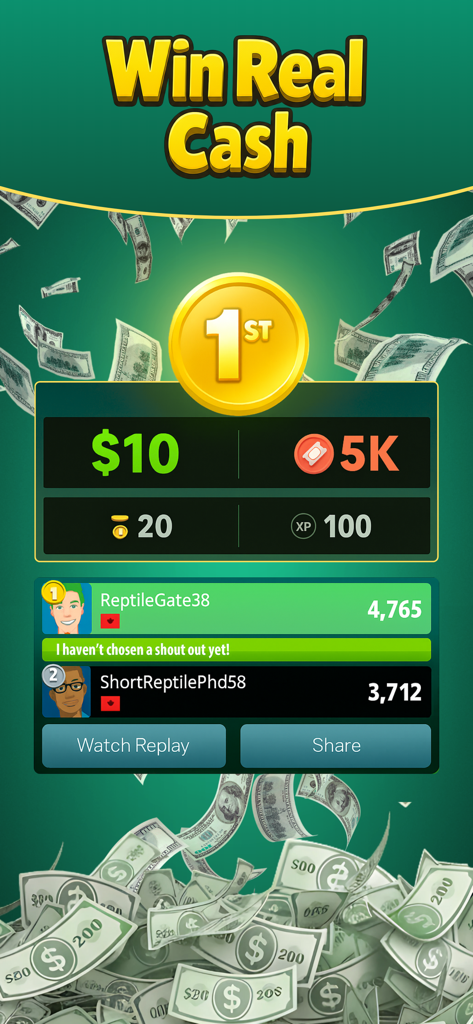 8 Ball Cash Real Money Pool - Tournament results in 8 Ball Cash showing a ten dollar prize and player rankings