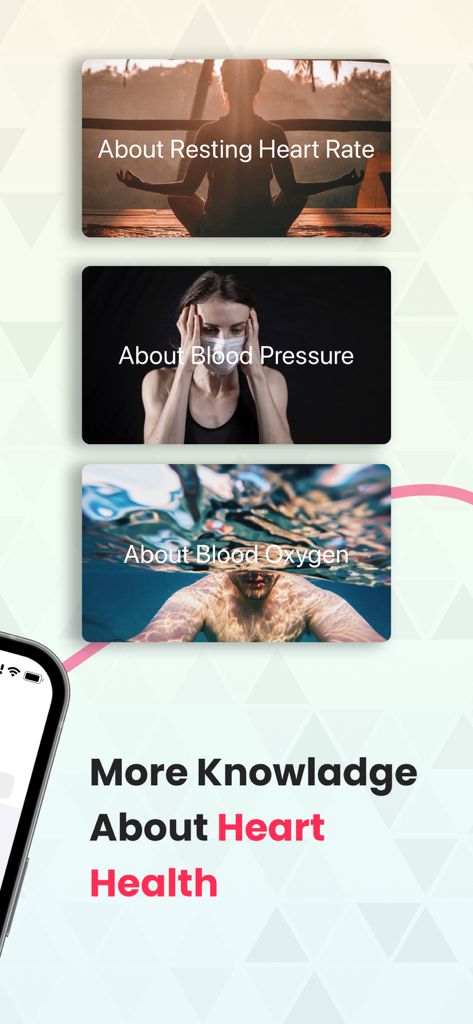 Una pantalla de la app Pulser mostrando secciones educativas para Frecuencia Cardíaca en Reposo, Presión Arterial y Oxígeno en Sangre.