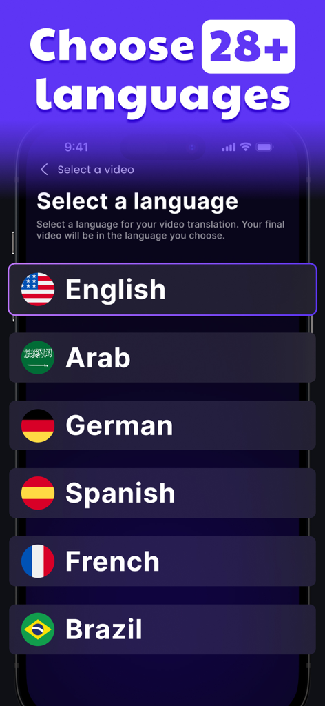 AI Video Translator - DUB it! - 英語、スペイン語、フランス語を含む28以上の言語のビデオダビングと翻訳のリストを表示するモバイル画面。