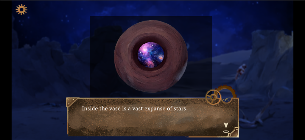 The Apocalypse Sacrifice - Una escena misteriosa en The Apocalypse Sacrifice donde un jarrón revela una vasta extensión de estrellas en su interior.