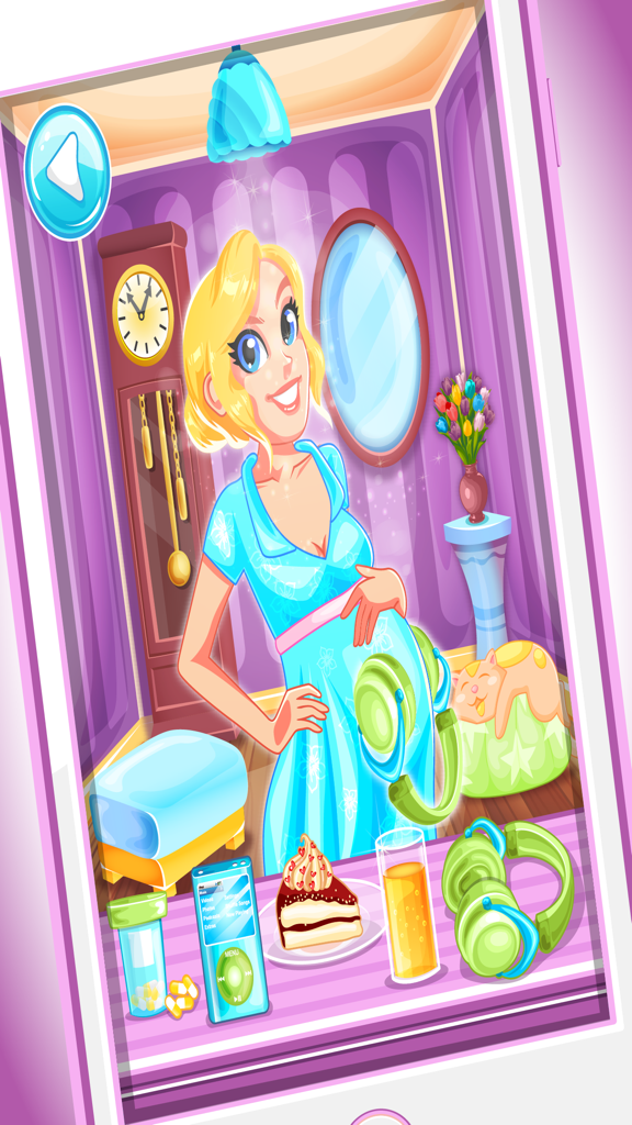 Baby Care - بيبي حبيبي - Animated pregnant woman in a room with food music and baby care accessories