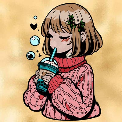 manga girl drinking boba in cozy sweater