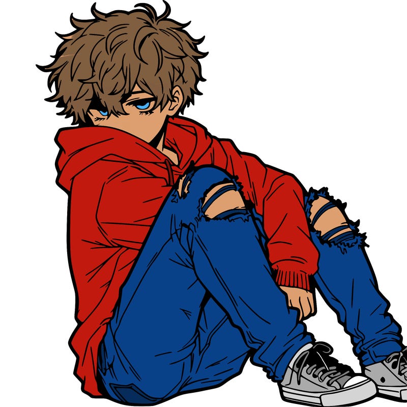 a male hoddie ripped jeans messy hair anime