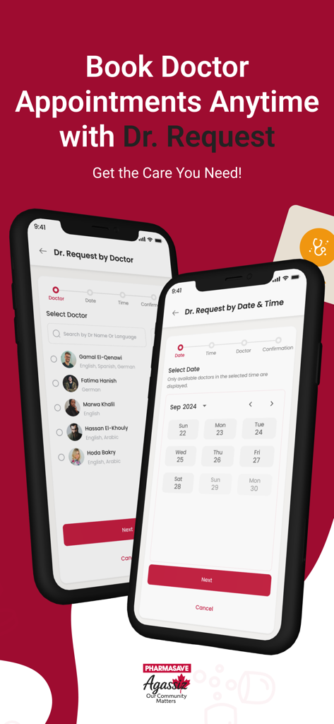 Pharmasave Agassiz - Mobile app interface showing screens for booking doctor appointments by selecting a physician or a specific date and time