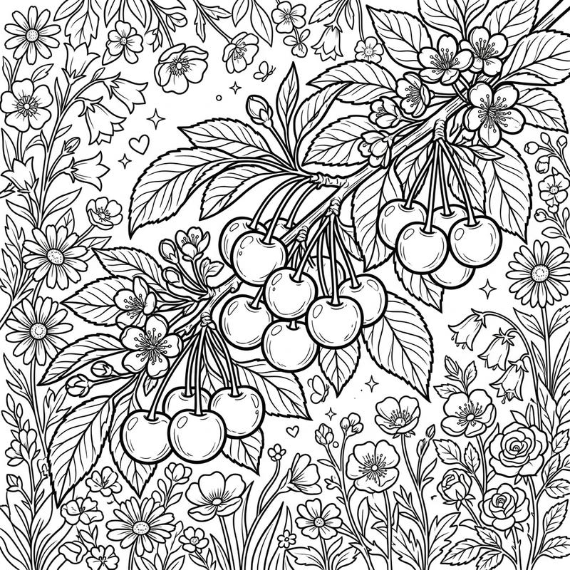 Embrace the freshness of spring with this beautiful coloring page featuring ripe cherries amidst delicate blossoms and a vibrant floral background. It's the perfect way to welcome the season and unleash your creativity.