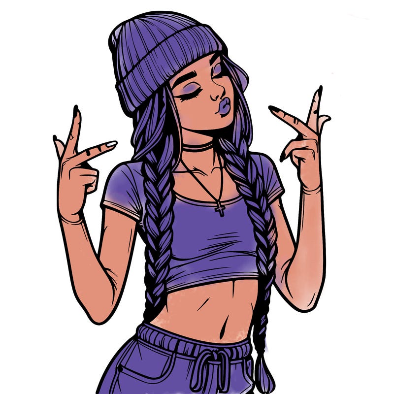 realistic teenage girl with braids and a beanie and crop top doing 🫶🏼
