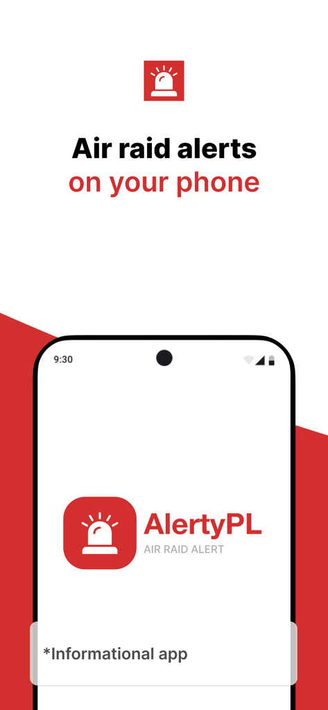 AlertyPL: Alarm Powietrzny - AlertyPL app splash screen showing air raid alerts on your phone text and logo