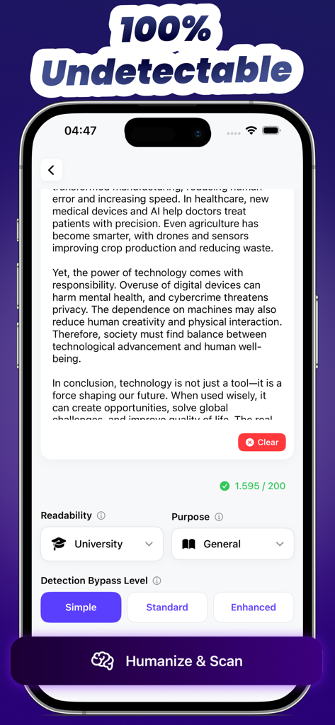 Mobile app interface of W. Writes AI Humanizer showing text rewrite settings for university level readability and detection bypass.